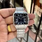 42mm Black Square Dial Watch | Automatic Movement, Silver Steel Bracelet