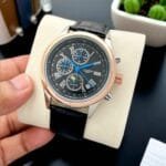Men’s 42mm Chronograph Watch with Date – Gold-Plated Leather Strap