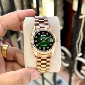 Luxury Rose Gold Women's Watch – Green Diamond Studded Dial 36mm