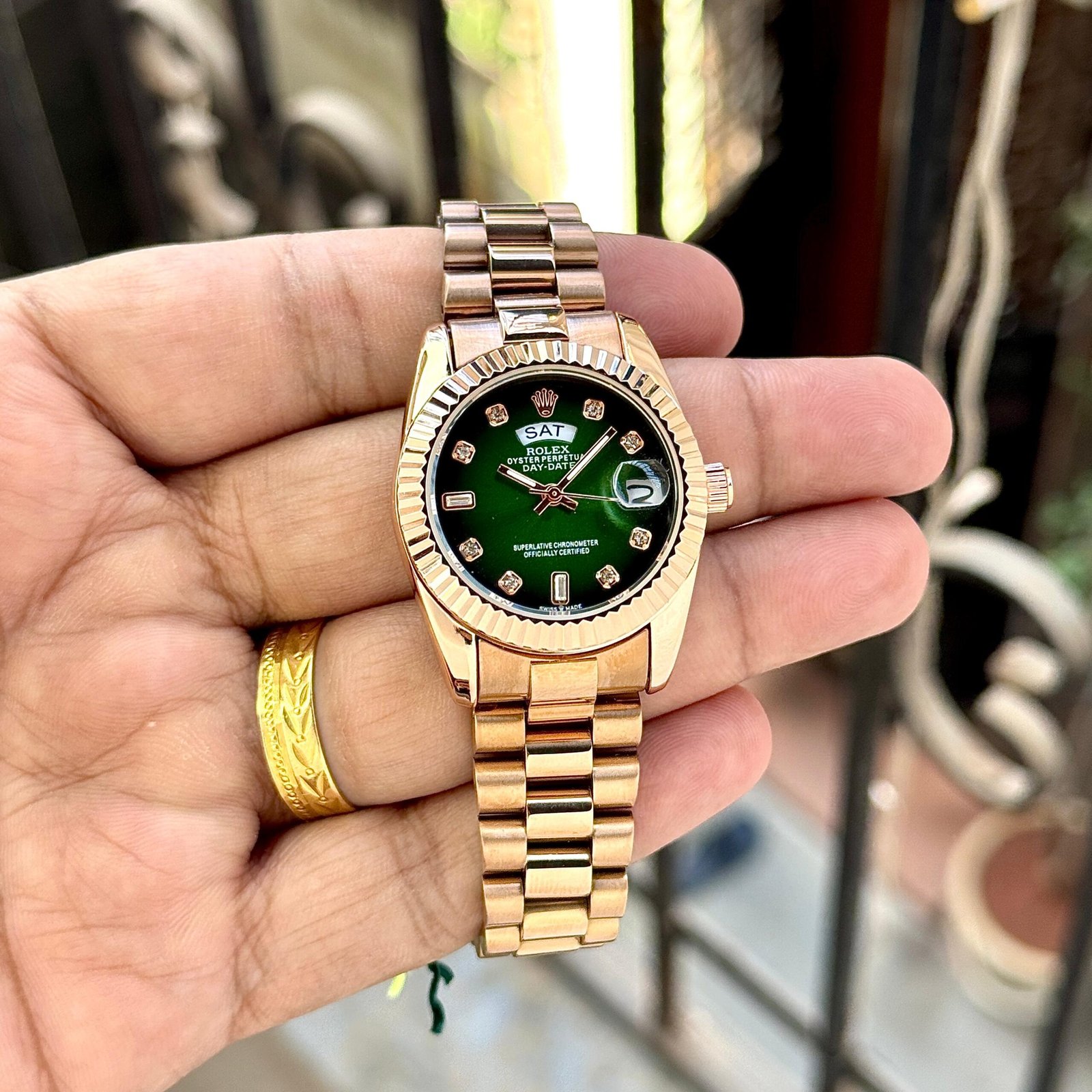Luxury Rose Gold Women's Watch – Green Diamond Studded Dial 36mm