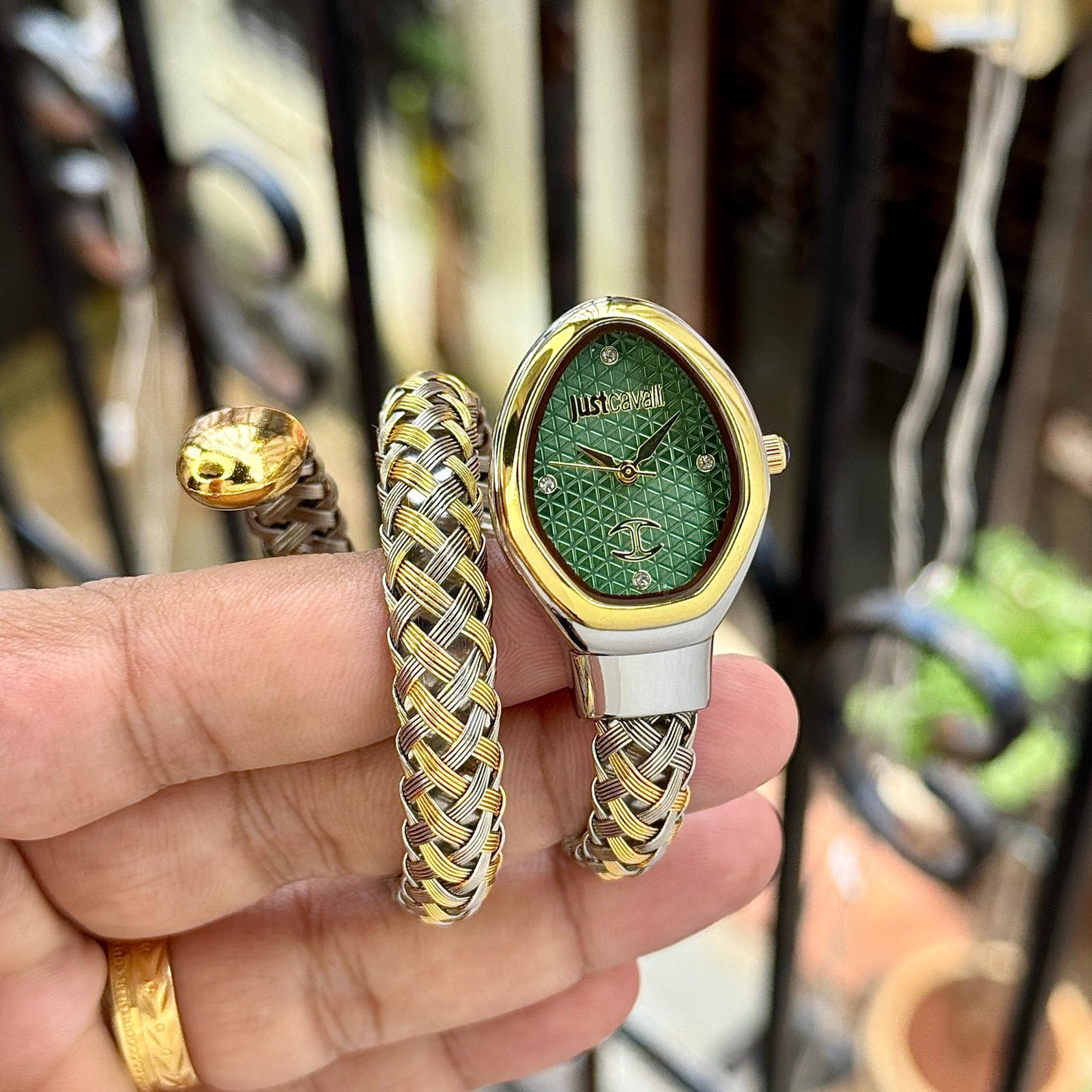 Luxury Snake-Inspired Wrap Watch – Emerald Green & Dual-Tone Finish