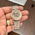 Women’s Sleek Automatic Skeleton Watch – 34mm Gold & Silver Edition
