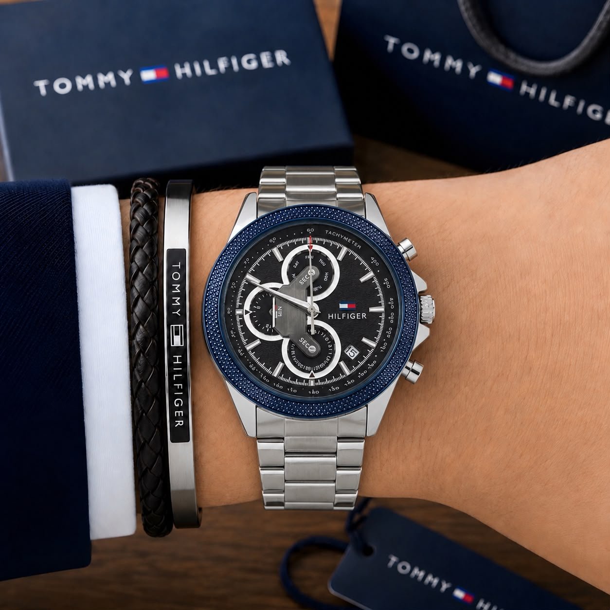 Men's Sporty Chronograph Watch – Textured Blue Dial 44mm