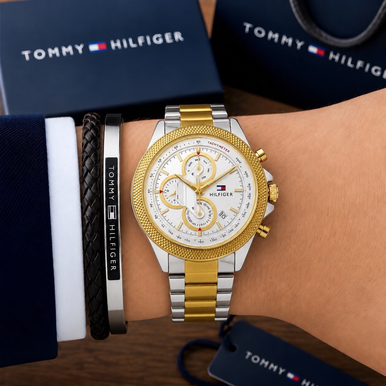 Men's Sporty Chronograph Watch – Textured Blue Dial 44mm