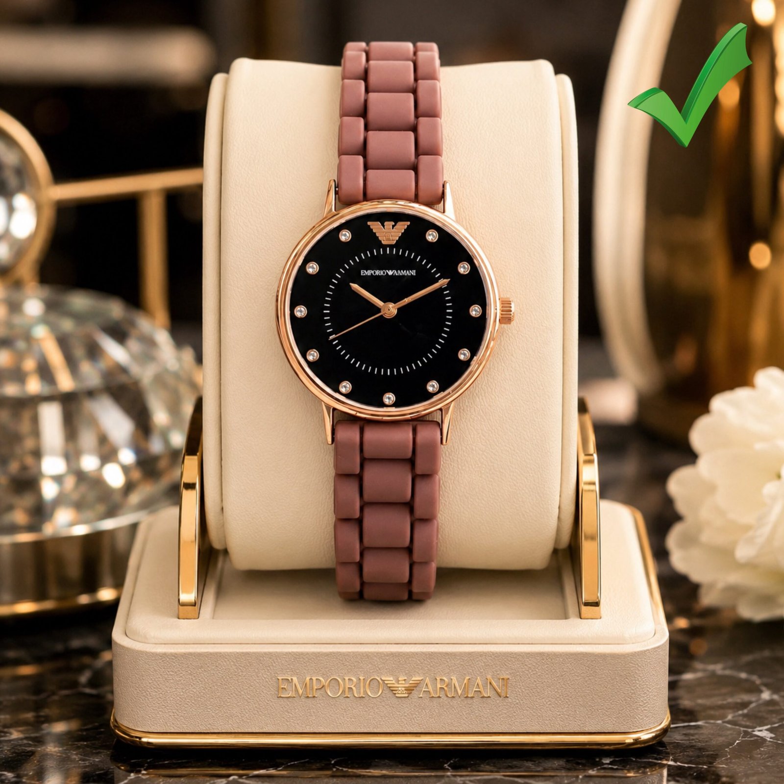 Rose Gold Women's Slim Fit Watch – Brown Silicone Strap Edition