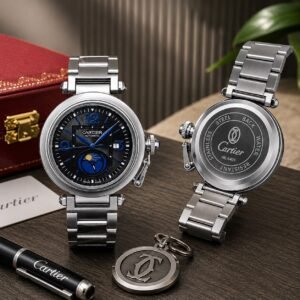 Men's Silver Multi-Function Watch – Sun & Moon Phase Dial