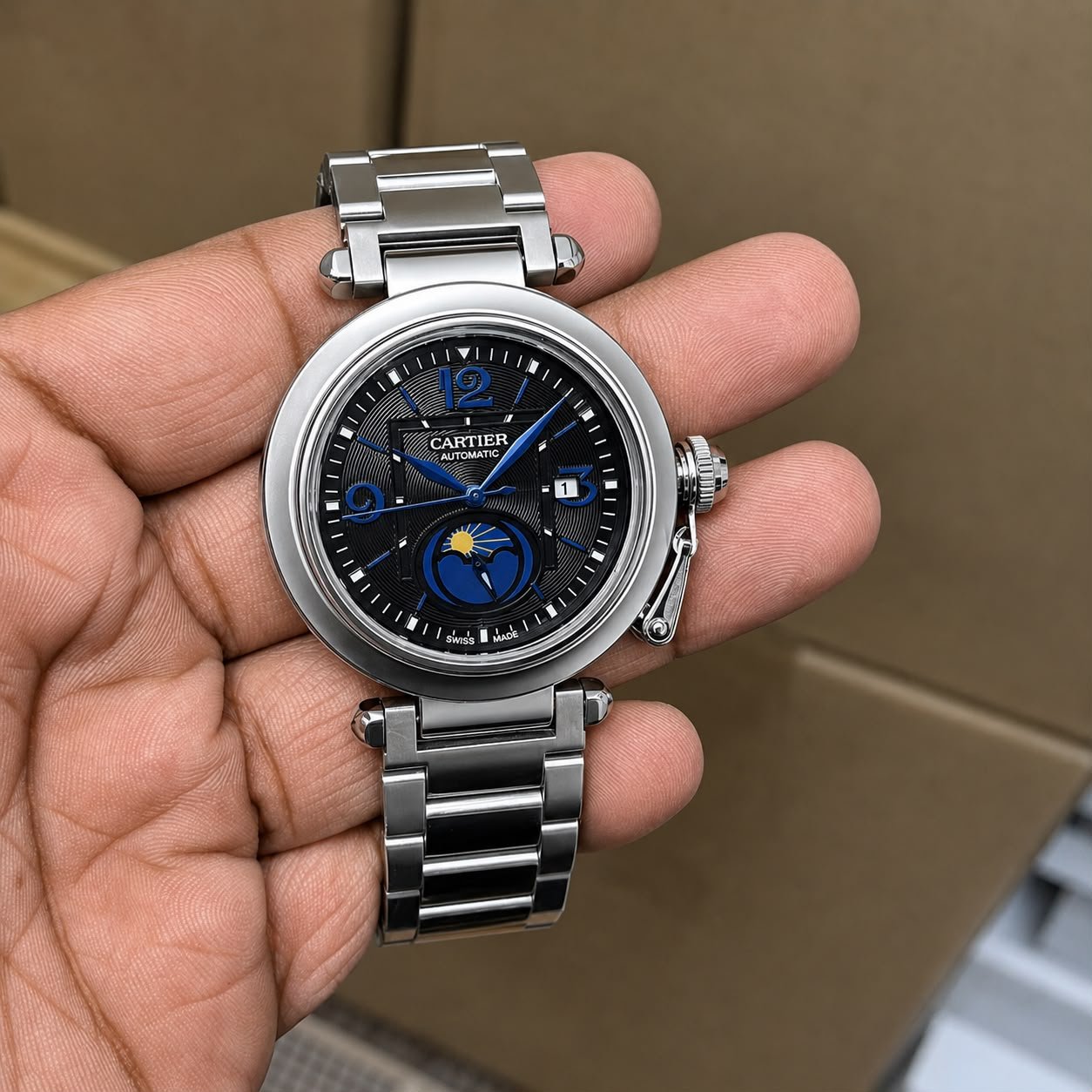 Men's Silver Multi-Function Watch – Sun & Moon Phase Dial
