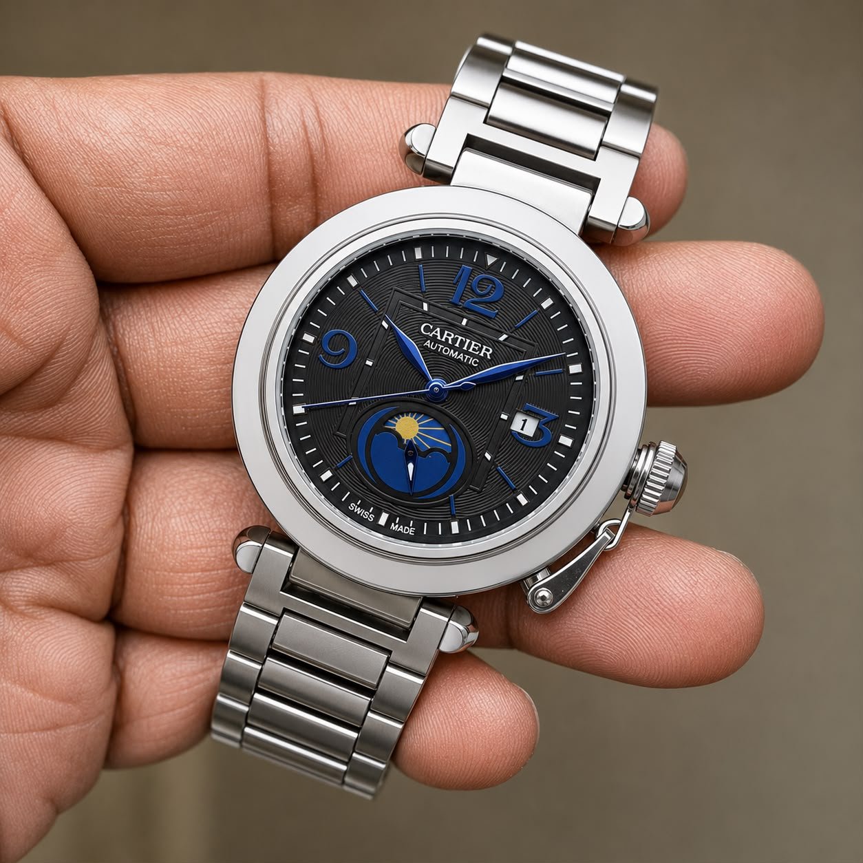 Men's Silver Multi-Function Watch – Sun & Moon Phase Dial