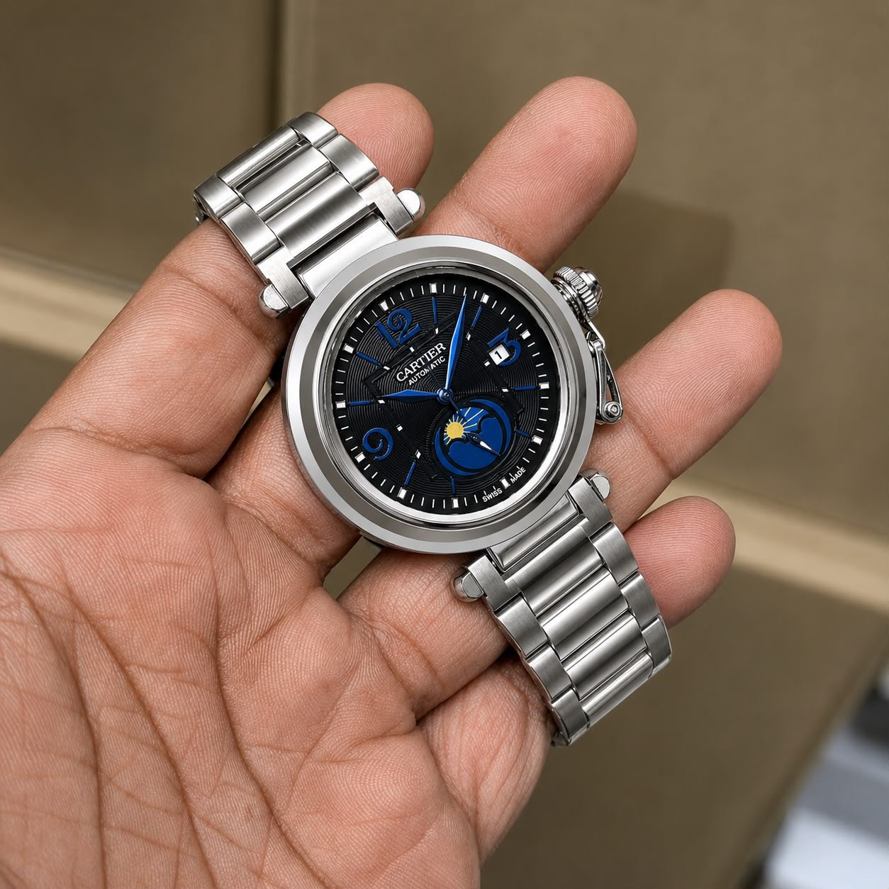 Men's Silver Multi-Function Watch – Sun & Moon Phase Dial