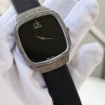 Minimalist Square Dial Men’s Watch – Crystal Bezel Leather Edition