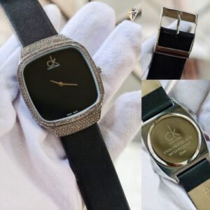 Minimalist Square Dial Men's Watch – Crystal Bezel Leather Edition