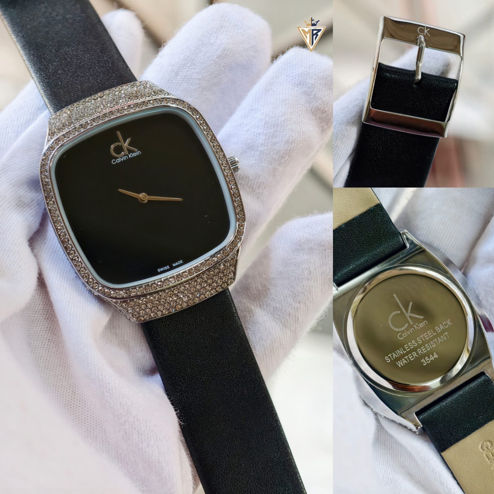 Minimalist Square Dial Men's Watch – Crystal Bezel Leather Edition