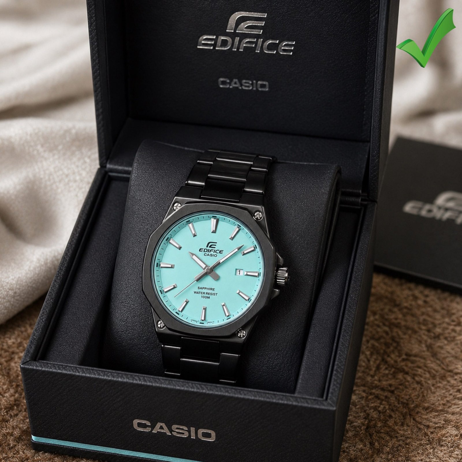 Premium Edifice Men's Watch – Tiffany Blue & Black Stainless Steel