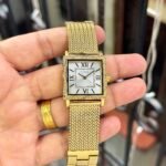 Modern Golden Elegance Women’s Watch – Square White Dial & Mesh Bracelet