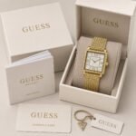 Modern Golden Elegance Women’s Watch – Square White Dial & Mesh Bracelet