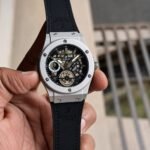 Men’s Luxury Skeleton Dial Watch – Black Case & Leather Edition