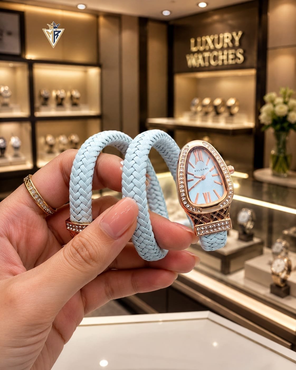 Luxury Rose Gold Women's Bracelet Watch – Blue Braided Strap Edition