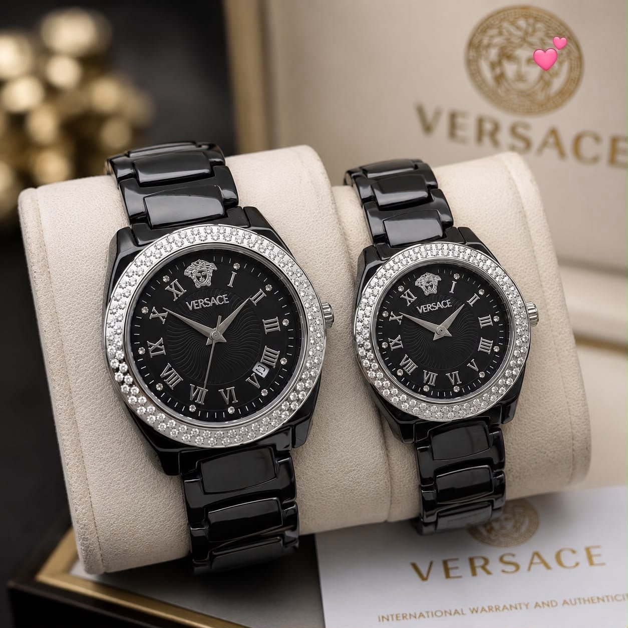 Premium Heritage Couple Watch Set – Black Ceramic & Diamond Bezel