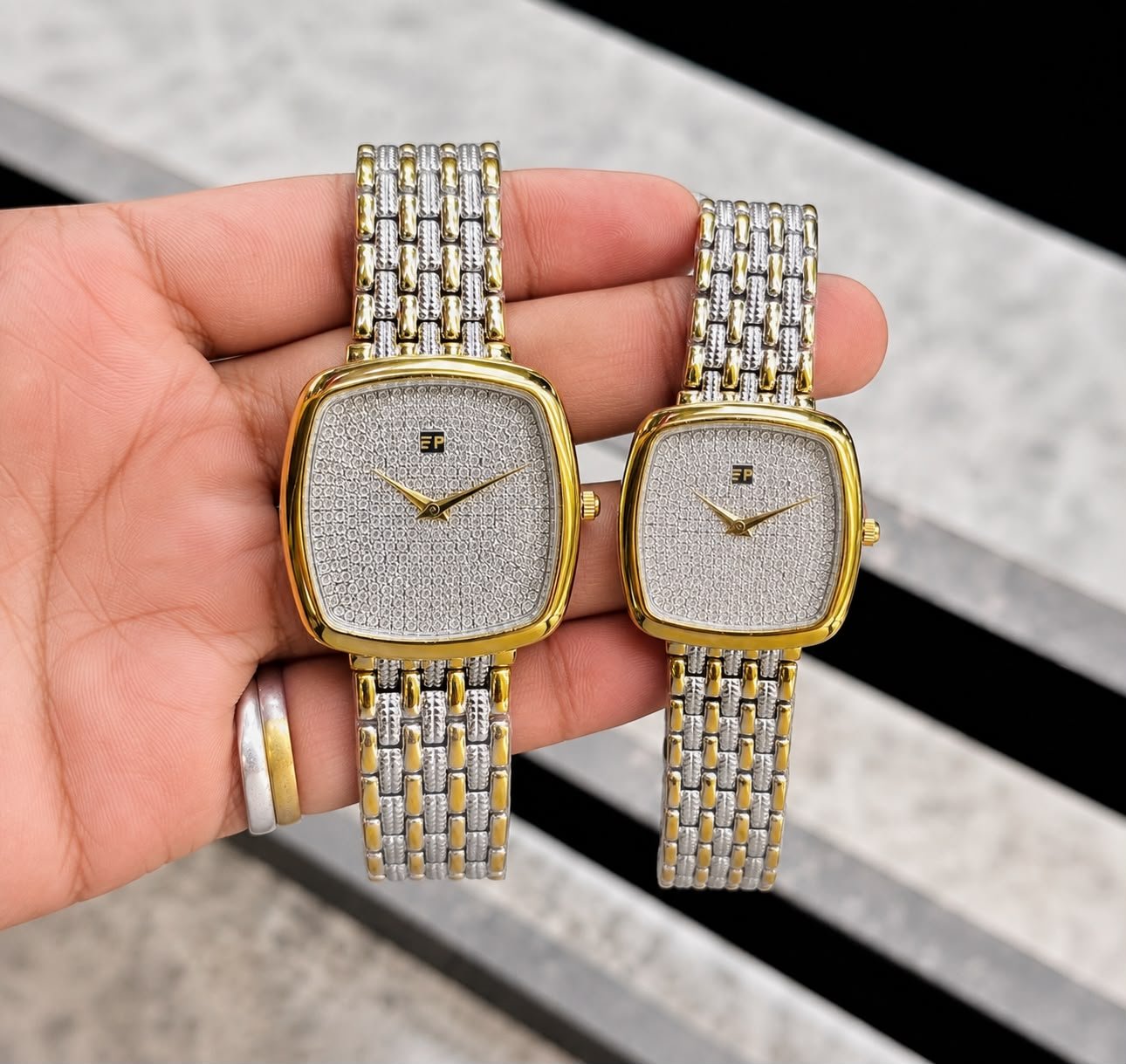 Premium Two-Tone Couple Watch Set – Elegant Rectangular Analog Edition