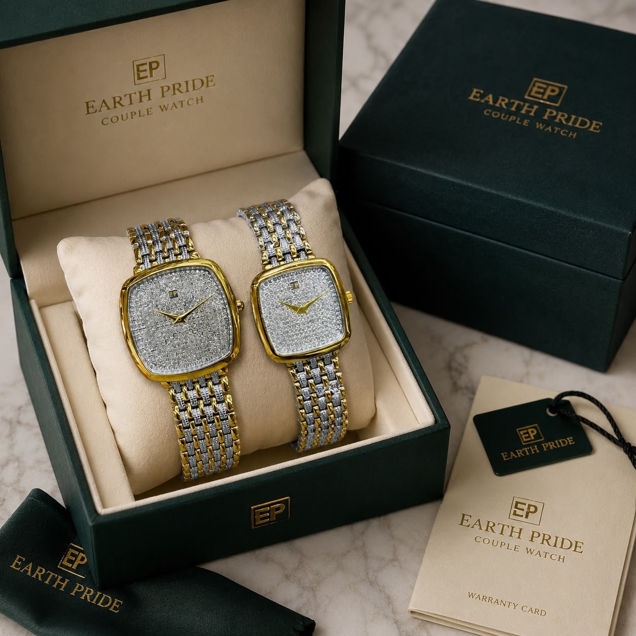 Premium Two-Tone Couple Watch Set – Elegant Rectangular Analog Edition