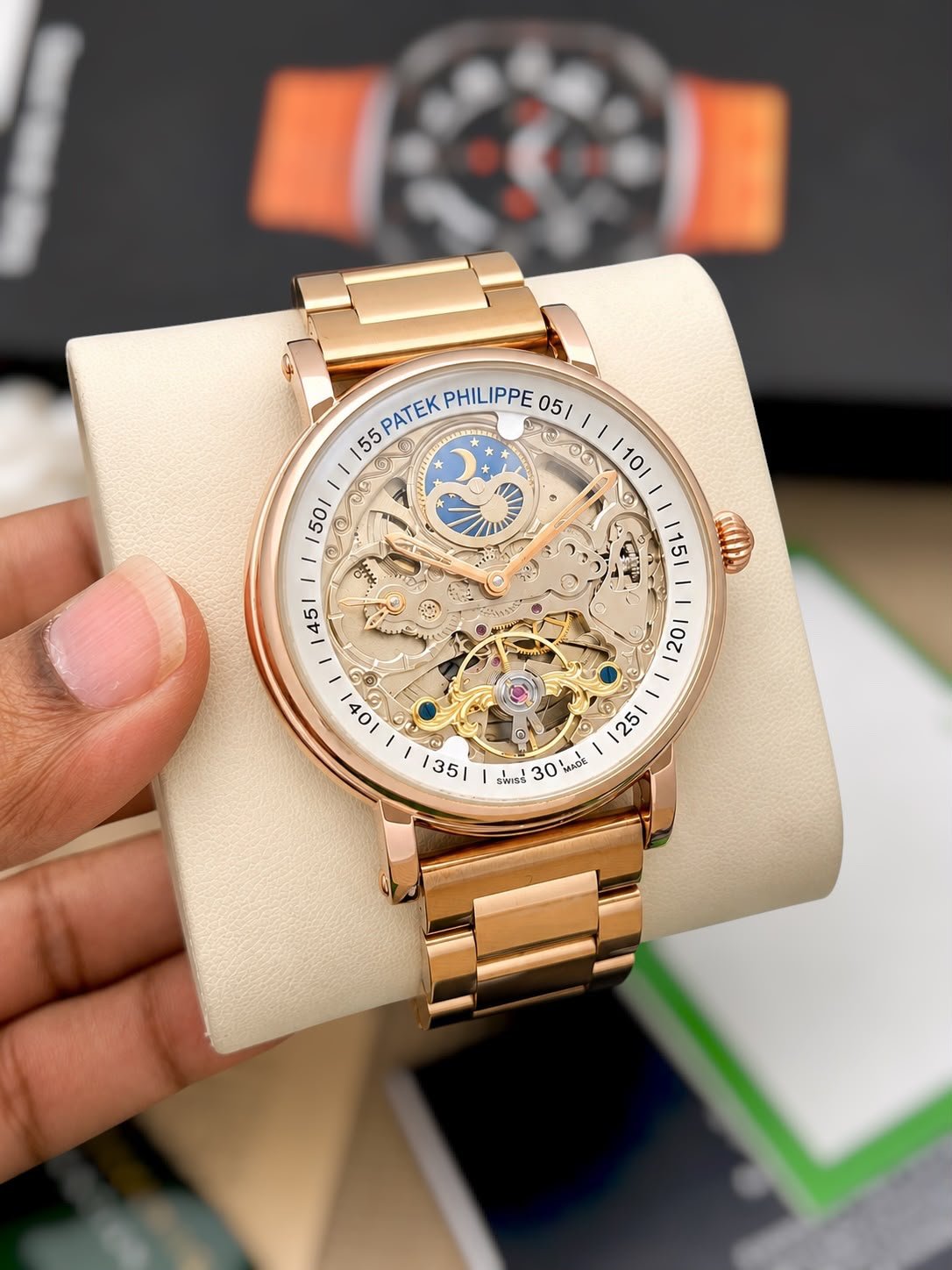 Luxury Rotating Tourbillon Automatic Men's Watch – Dual Time 43mm